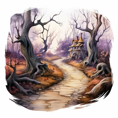 isolated illustration of a fantasy haunted path, eerie vibe, whimsical colors, watercolor illustration, high resolution clipart, isolated on white background