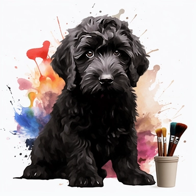 black labradoodle, goldendoodle, black doodle, puppy, watercolor clipart and paint, HD, 4k