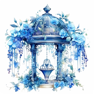 Blue highly detailed watercolor clipart, Enchanted gazebo with swirling vines and hanging lights, flowers, fantasy, highly detailed, fantasy cartoon illustration, different shades of blue, whimsical, UHD, 8K, 3D, solid white background