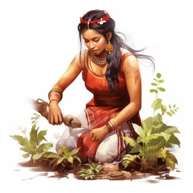illustration clipart of Asian Indian woman gardening, hyperrealistic, white background
