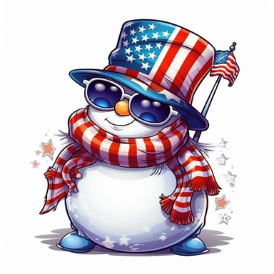 Sticker, American flag with snowman scarf and sunglasses Sublimation Clipart, Cartoon funny, Cute anime, Very detailed, white background