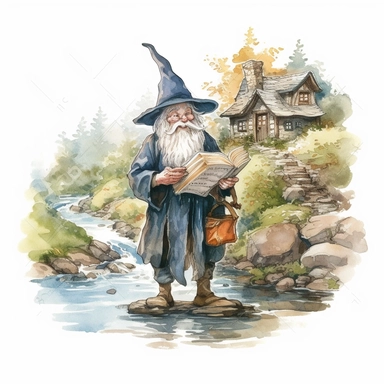 watercolour wizard animated clipart character, holding a book of spells, looking out ouver a river by a small stone cottage in a forrest clearing , set against a solid white background, ultra high definition, size 2048x2048