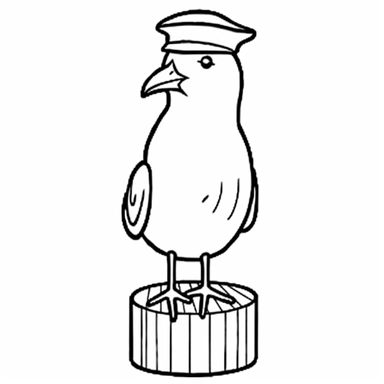 a happy gull on a old wood pillar captain's hat anchor, coloring page for kids, 2d, simple, vector monochrome,simple Vector Line Art, white background, easy to color, cartoon, clipart, children’s drawing, a4, 8k, white background