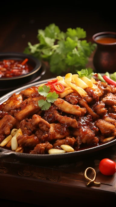 Chinese cooking plate,fried chicken on a plate, , food photography, 32K UHD, Rudy Siswanto, high quality, joong keun lee, affandi, full bod,he jiaying