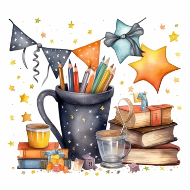 Whimsical watercolor clipart, back to school banner, set of graphics, including black board, stack of books, stationery items in a rusty cup, paint, notebook, bunting, stars and dots, white background