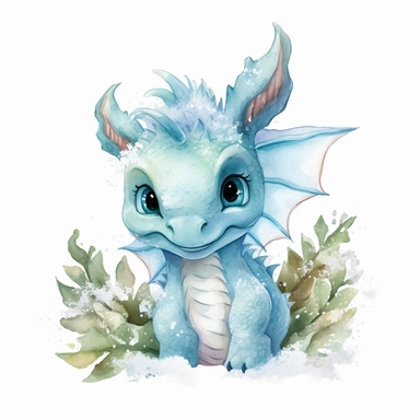 Cute happy Watercolor frost Baby Dragon Clipart, on a white background--s 1000