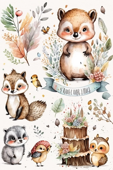 cute illustration, cartoon, vector, clipart set, happy birthday forest, lovely baby animals, sweet, aquarelle, pastel painting, fresh colors, classic Disney style, isolated, white background