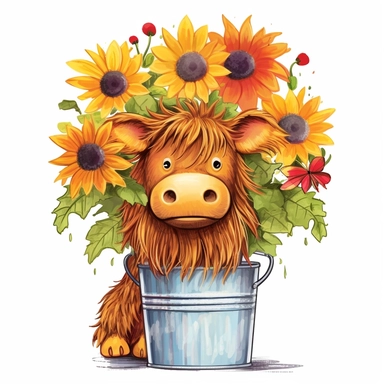 Highland Cow With Sunflowers in a flower pot with colorful flowers and a rainbow clipart