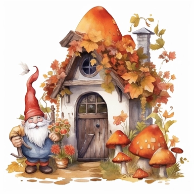 Watercolor, Gnomes Cute, Cottage Garden Shed autumn Flower, clipart, on a white background.