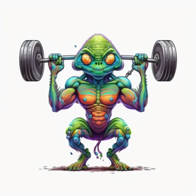 Boho style illustration, clipart, sublimation painting Weightlifter alien lifts the barbell. Bright colorful colors. White empty background, high quality 8k, high quality detail.