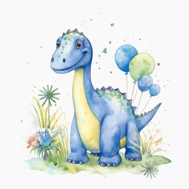 watercolor clipart white background moving living blue cartoon Diplodocus birthday
