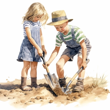 Clipart, a little boy and girl digging in a farm field with the shovel, a digital rendering by Laura Wheeler Waring, white background, shutterstock contest winner, american scene painting, detailed painting, watercolor, digital illustration