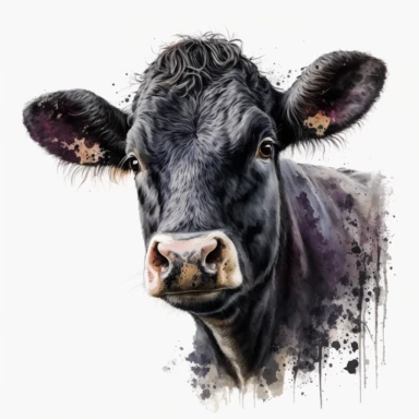 detailed watercolour 4k cute fully black black only cow old adult big cow face clipart white background