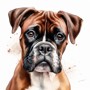 cute Mahogany Boxer dog portrait, full face, centered shot, side shot, dynamically posed, in action, playful mood, happy mood, playing mood, cute face, adorable smile, childlike eyes, clean watercolor illustration, white background, nursery baby imagery, painting, detailed, 8k, PNG, clipart,