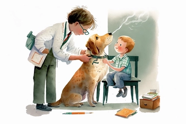 A [veterinarian curing a dog] children book illustration, watercolor clipart