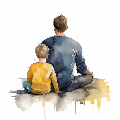 dad and son sitting down together, facing away from the camera, watercolor illustration with plain background, clipart