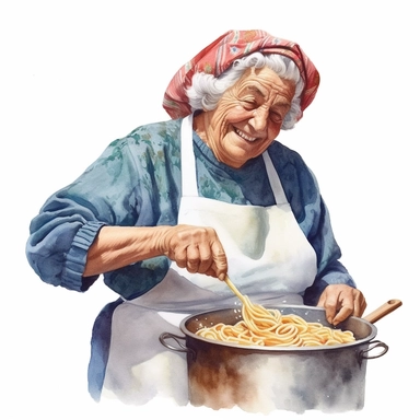 watercolor ultra realistic and hyper detailed illustration of a happy smiling traditional italian grandmother cooking pasta, clipart, white background