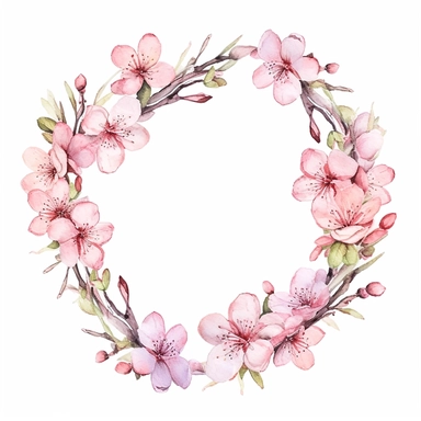 light pink cherry blossoms, Floral Wreath Clipart, Watercolor Clipart, Cartoon style, Webtoon Resources, White Background