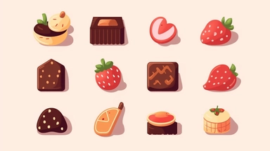 chocolates vector clipart vector chocolates cute animal collection, in the style of #screenshotsaturday, flat areas of color, flat color blocks, 1970–present, rough-edged 2d animation, lightbox, colorful animation stills