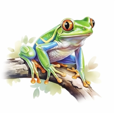 vibrant tropical green frog in a tropical tree clipart, watercolor style, hyper realistic, detailed, white background