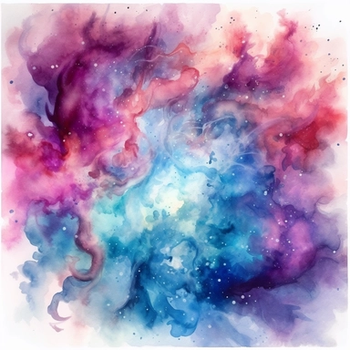 clipart style, watercolor scene of A mesmerizing illustration of a vibrant nebula with swirling clouds of gas and dust, illuminated by the radiant glow of distant stars. Colors of purple, pink, and blue blend together in a cosmic dance of celestial beauty, HD, on white background