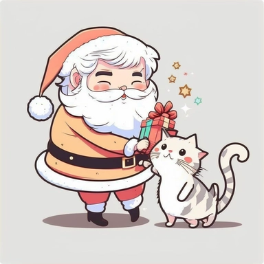 vector sticker design, anime style, unique Christmas cute cat playing with santa clipart, white background, flat colors