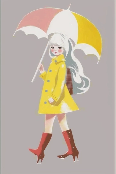 <https://s.mj.run/49ZvoIFW24o> <https://s.mj.run/VafKh_OyowI> Mary Blair style, minimalistic nordic style single clipart, baby 70s hippie fashion model with umbrella, minimalistic pastel color palette,