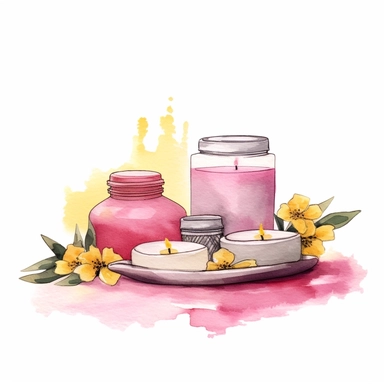 basic watercolor pink spa scene with yellow accent in minimal hand drawn style, Etsy, textured, clipart, white background