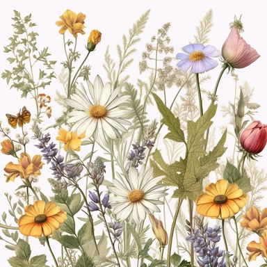Pressed boho wild flowers cottagecore vintage botanical pastel floral nature flower garden with seamless border, clipart with white background –ar 293:151