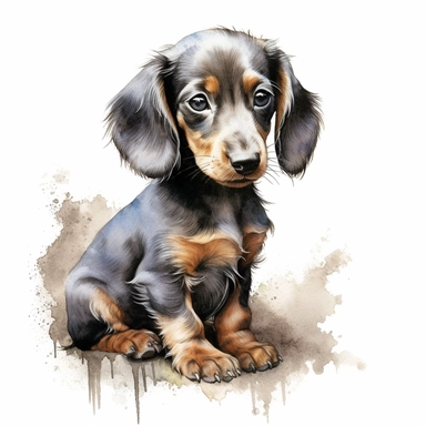 Watercolour cute Dachshund puppy sitting, beautiful details, ultra detailed, ultraphoto real intricate detailed, high definition, graphic clipart, hyper realistic,detailed, white background