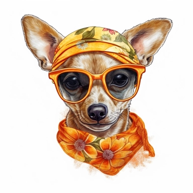 cute puppy female wearing bandana and sunglasses drawn in watercolor, vector design, cutout,Sublimation Clipart ,Cartoon,hyper realistic, intricate detail, illustration style,high solution,on the white background