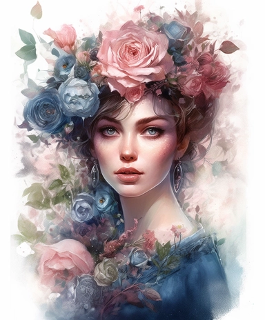 watercolor mixed media portrait of a beautiful and feminine roses flower gardener, decorated with forget-me-nots and summer flowers and magic crystals, lace and embroidery, masterpiece by Charlie Bowater style and by Tom Bagshaw style and by Vladimir Kush style and by Anne Bachelier style, Village fashion, PNG clipart, isolated on white, extreme photorealistic details, 32k HD resolution, realistic high detailization high resolution