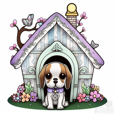 clipart with white background of a doghouse in the style of mystical fantasy, magical, kawaii style