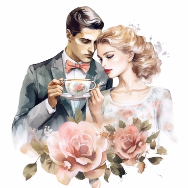 beauty couple drinking coffee, vintage cups, flower digital clipart on white background