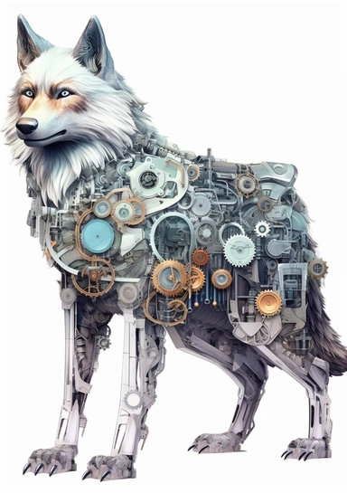 Steampunk Gray wolf clipart, realistic, Watercolor Retro Futuristic Victorian Era, art picture, full body, watercolor, multicolor, white background, lots of details, high quality - 8K,