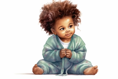 Watercolor happy cute beautiful brown skin african American baby girl praying wearing christmas pajamas, detailed clipart, isolated, white background, spaced out--q 2