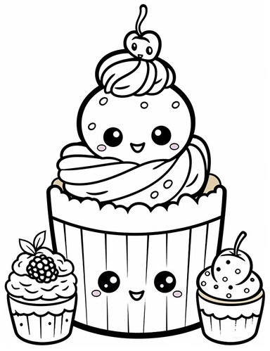 Kawaii Cake Icecream with delightful designs and flavors, like blueberry, chocolate chip, and banana For Simple Coloring page,line art, thick lines, black and white,clipart, illustration, on white background,margin Page 10px