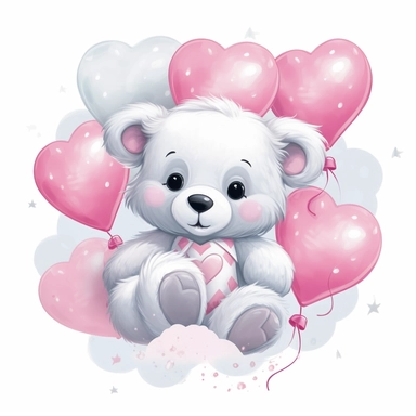 cute Baby bear smling while laying in a white cloud with a pink bib on with a white heart on it wearing pink and white balloons, clipart, black background
