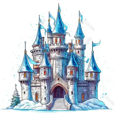 cute Winter castle clipart, Cartoon, high detail, illustration style, high solution, on the white background