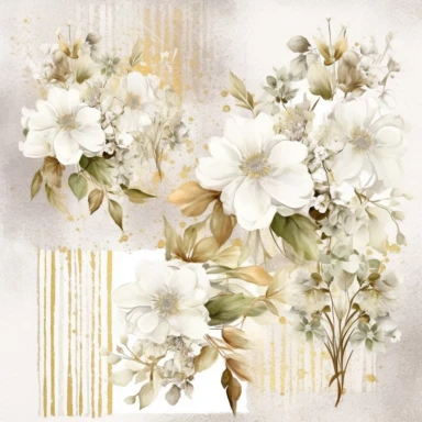 scrapbook paper template, intricate three small bouquets of white floral watercolor clipart on the borders on paper, luxurious textures, nature-inspired pieces, very high resolution