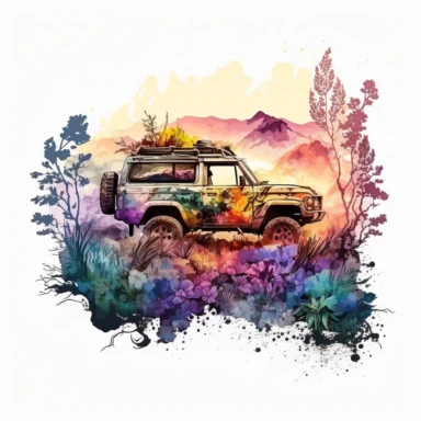 water color offroad floral decorated adventure car 4*4 vehicle truck between high mountains and trees and flowers, vivid colors, sunset, clipart, hd, white background