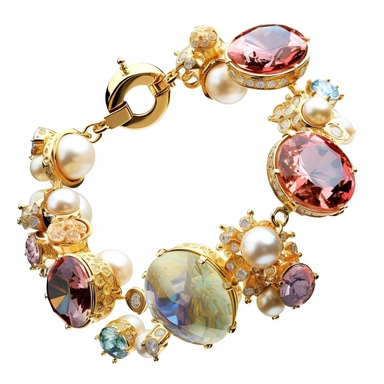generate a clipart depicting perfect gemstone bracelet with intricate details and a lustrous surface. slender and lightweight small gemstone swarovski charms top view for product sales sophisticated locking ornament S-hook clasp truly timeless elegance premium luxury AAA+ opal adularescence incorporating precious gemstone gold druzy treasure delightful expensive big very clearly baroque pearl luster organic forms gold plated fresh water pearls ornate seamless pattern photo realistic honestly rea
