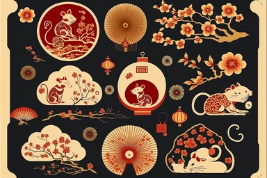 chinese new year design element set rat mouse fireworks cloud lantern flower blossom plum red gold gold coin zodiac signs symbol animal happy 2023 holiday lunar japanese korean vietnamese style traditional geometric text isolated clip art collection bundle silhouette hand-drawn art vector illustration graphic print concept flat line realistic high quality detailed