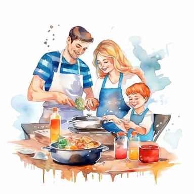 watercolor cozy clipart on a white background of a family cooking together