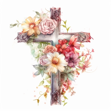 Watercolor sketch of floral cross, natural single design, highlydetailed, clipart style, white background, 8k