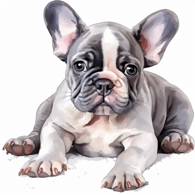 watercolour magnificent French bulldog puppy laying down beautifully detailed perfect realistic facial features four perfect legs and paws beautiful perfectly detailed french bulldog puppy laying down beautiful clear detailed graphics, png image,high resolution,300dpi,graphic clipart,computer graphics