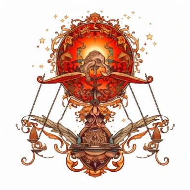 old style fire libra zodiac, vector design illustration, in the style of detailed heavy metal embroidery, hand-painted details, Horoscope Clipart, isolated white background