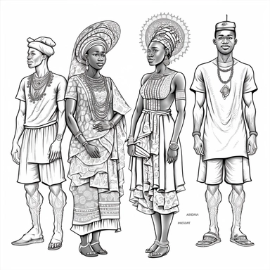 four nigerian villager african male and female village couples standing tall and dignified, coloring page for adults, no color, crisp lines, coloring pages for adults, think lines, clipart, vector, full body, no shading, full body, realistic, 8k, detailed