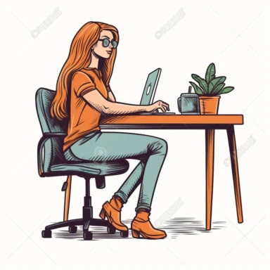 girl boss clipart sitting at desk with laptop computer, illustration, hd, white background