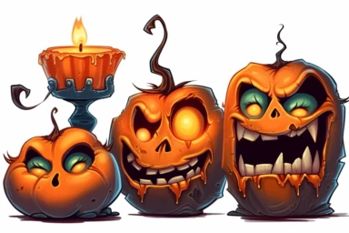 cartoon candles creepy gothic jack-o-lantern clipart on white background,